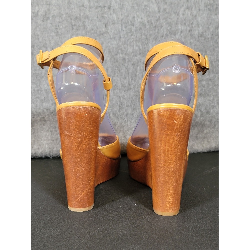 Tory Burch Drea Wedge Size 8.5M Tan Wood Platform Sandal Heel Designer Shoes - Picture 7 of 9